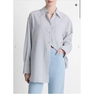 Vince Women's White/Blue Furrow Stripe Button Down Shirt Size M Cotton Classic